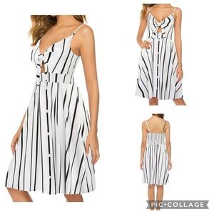 Fancyinn Stripe V Neck Spaghetti Strap Smocked Back Summer Sundress Small White